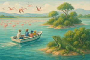 dreamy imagination of laguna de oviedo. flamingo colonies, islands full of iguanas, peaceful boat tours, quiet landscapes, and authentic eco-adventure.