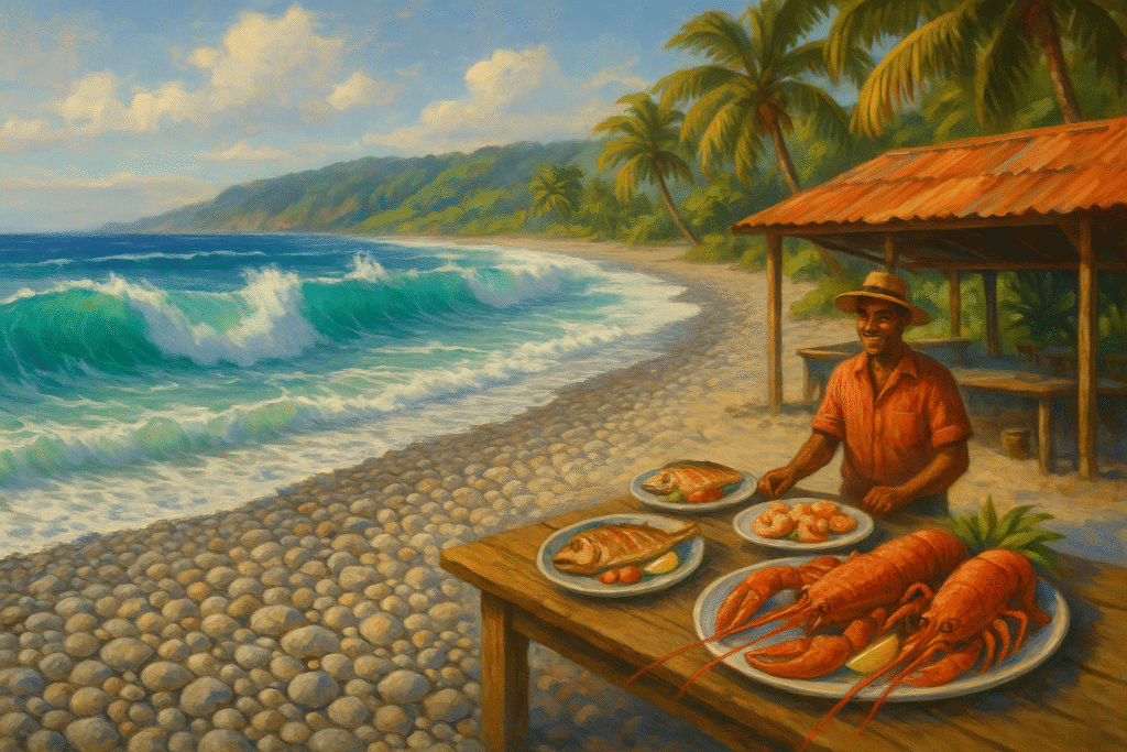 Los Patos Beach is a pebble-covered shoreline with powerful turquoise waves, fresh local seafood, and a laid-back coastal vibe