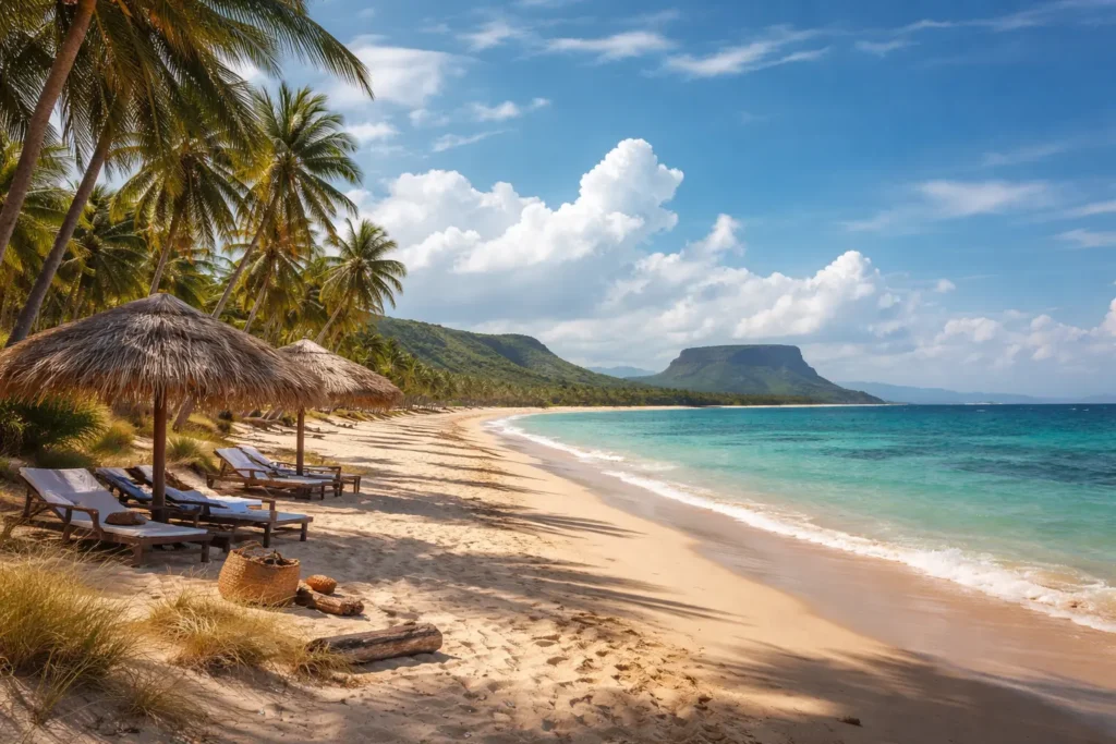 dreamy imagination of Playa Popa in Montecristi. A quiet, wind-swept beach in northwestern Dominican Republic, perfect for travelers seeking raw nature, wide open space, and a peaceful escape far from crowded resort destinations.
